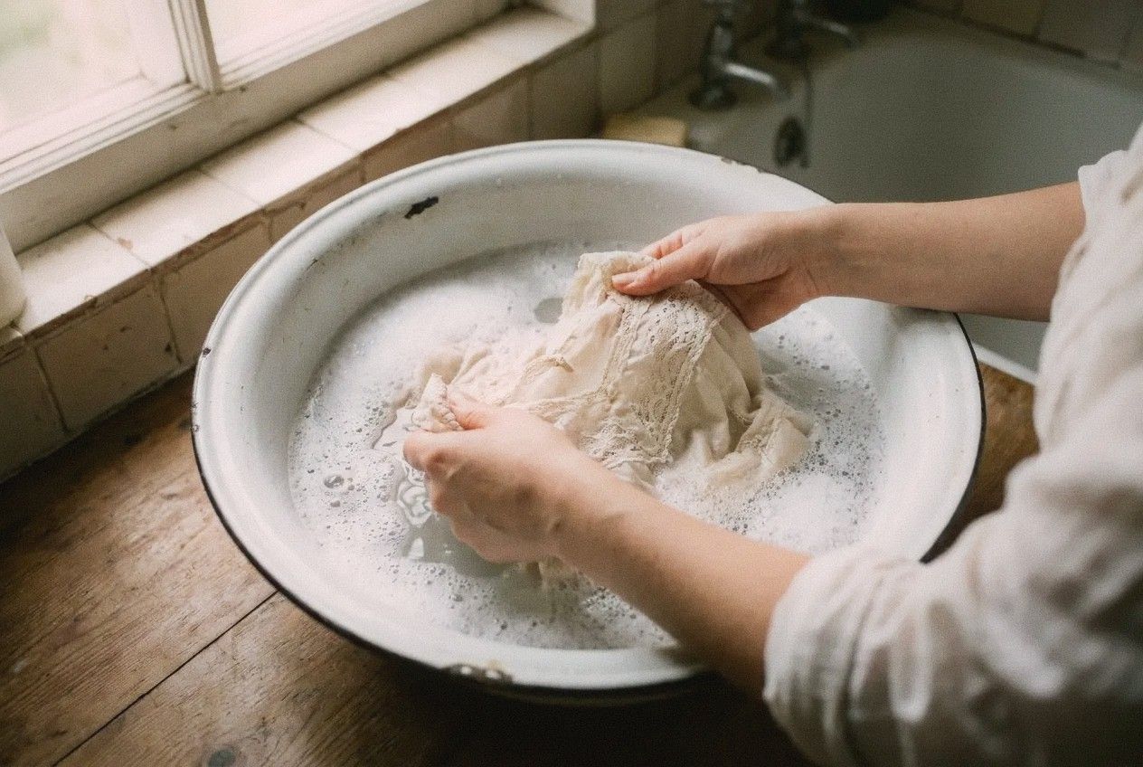 Hands gently washing a delicate vintage fabric in a white enamel basin with soapy water