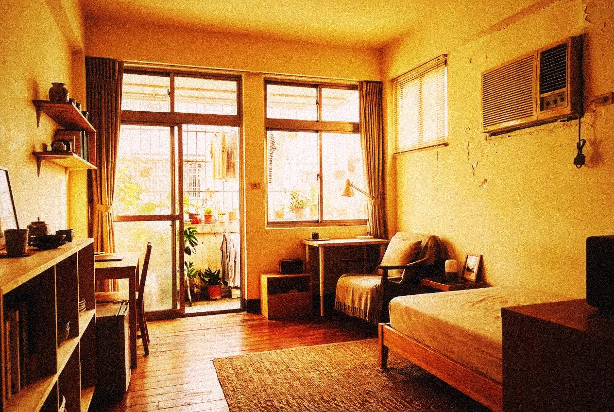 Interior of a small Taipei studio apartment with warm afternoon light and minimal furniture