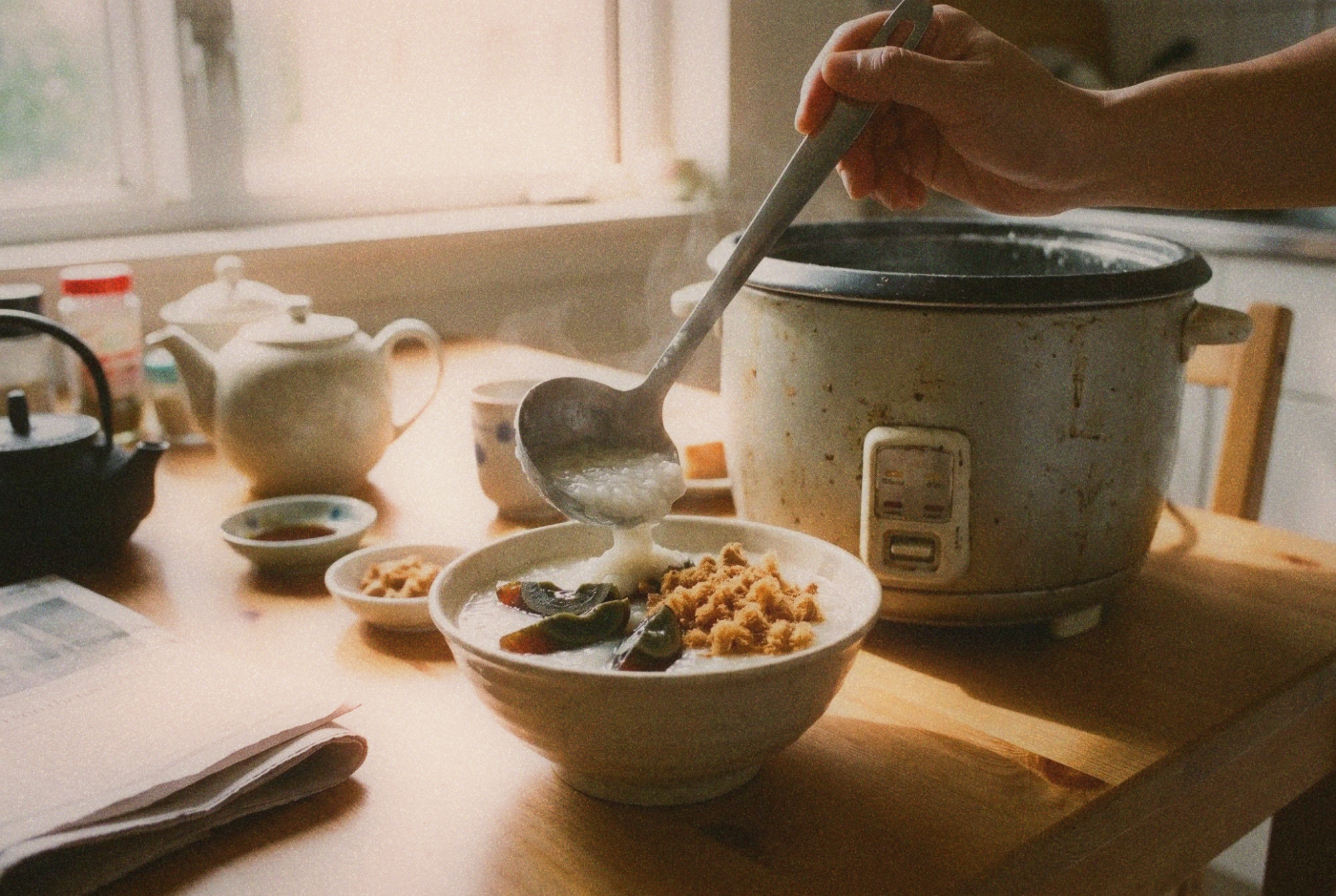 Bowl of congee rice porridge with century egg and pork floss toppings being ladled from a rice cooker