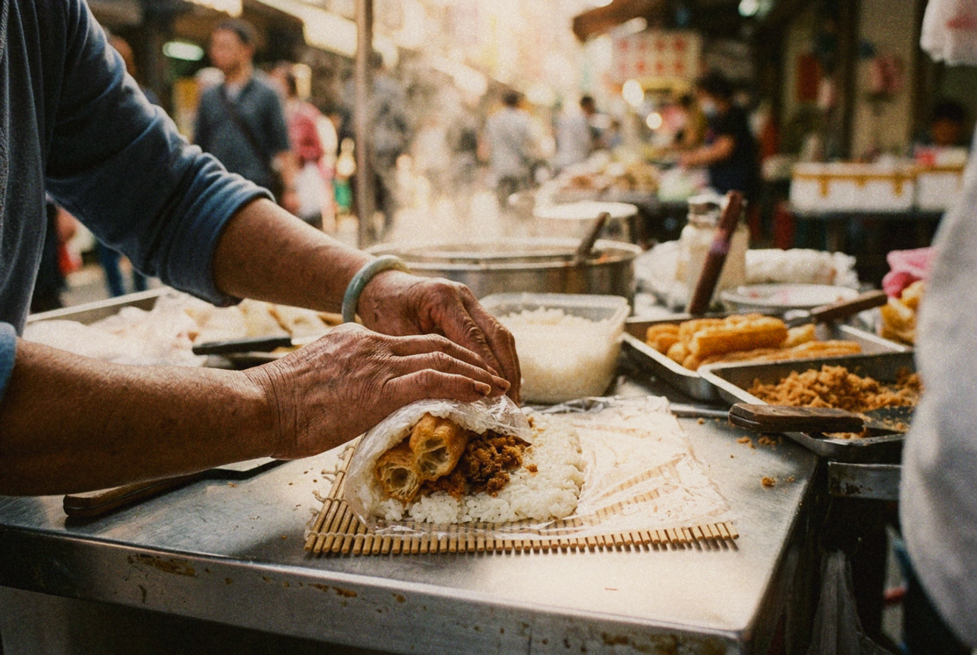 Hands rolling a Taiwanese fan tuan rice roll with pork floss and fried cruller on a stainless steel counter.