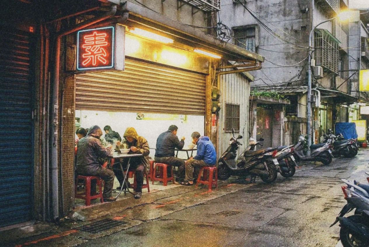 Street-level view of a neighborhood vegetarian restaurant with Chinese signage