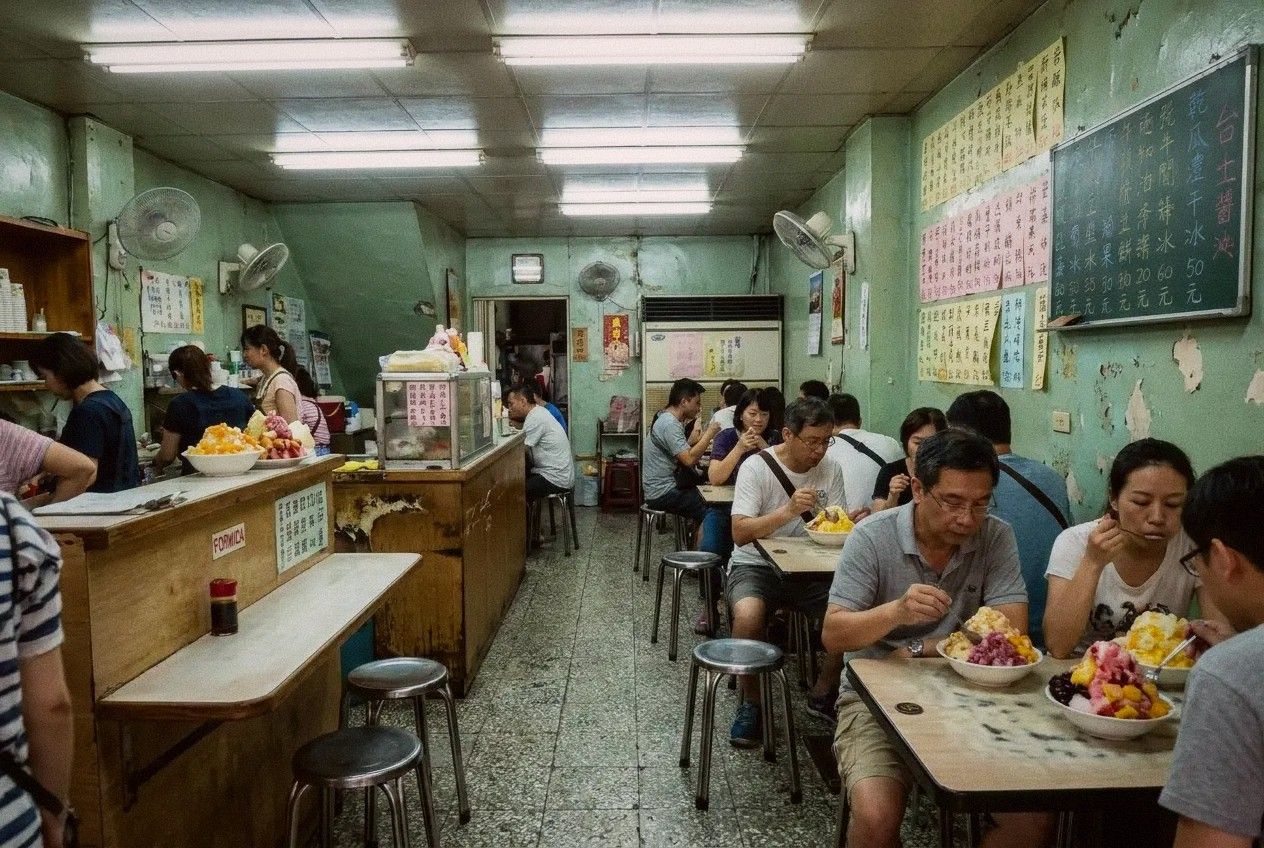 Interior of a traditional Taipei shaved ice shop with customers