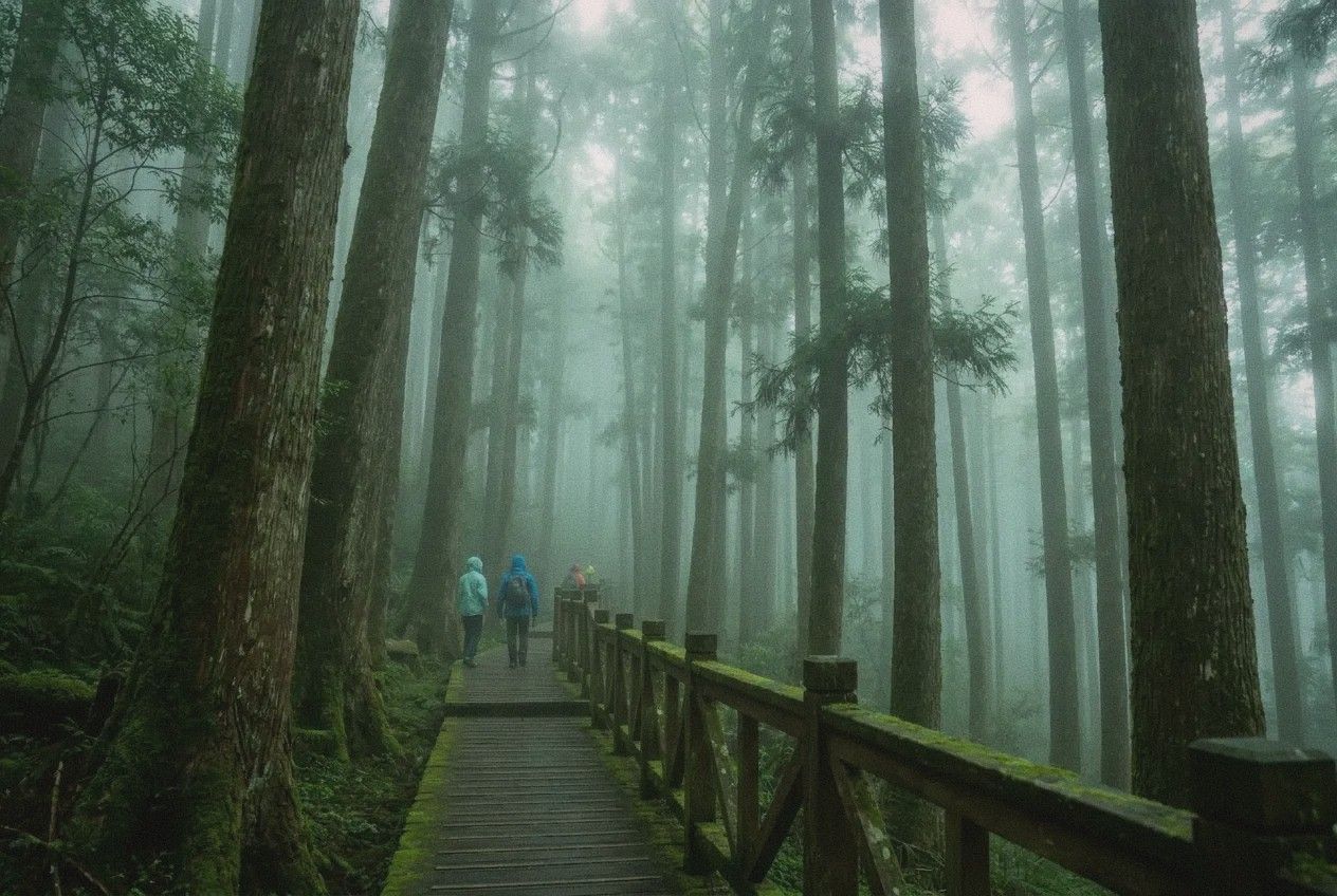 Alishan mountain forest with misty ancient cypress trees and wooden hiking path