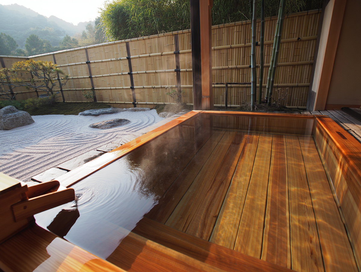Serene Japanese-style outdoor stone hot spring bath surrounded by bamboo garden in Jiaoxi, Yilan, Taiwan