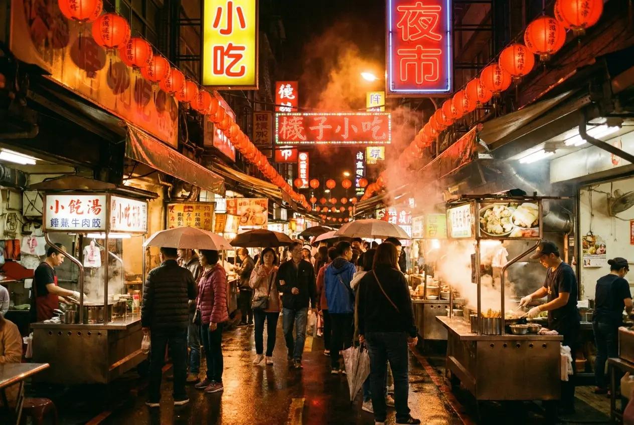Narrow night market alley with glowing lanterns and food stalls