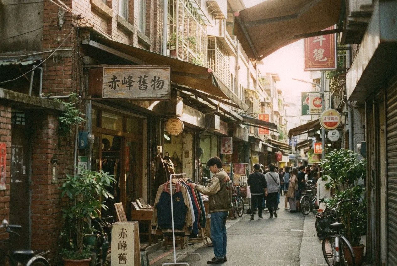 Narrow alley on Chifeng Street Taipei with small vintage shop fronts