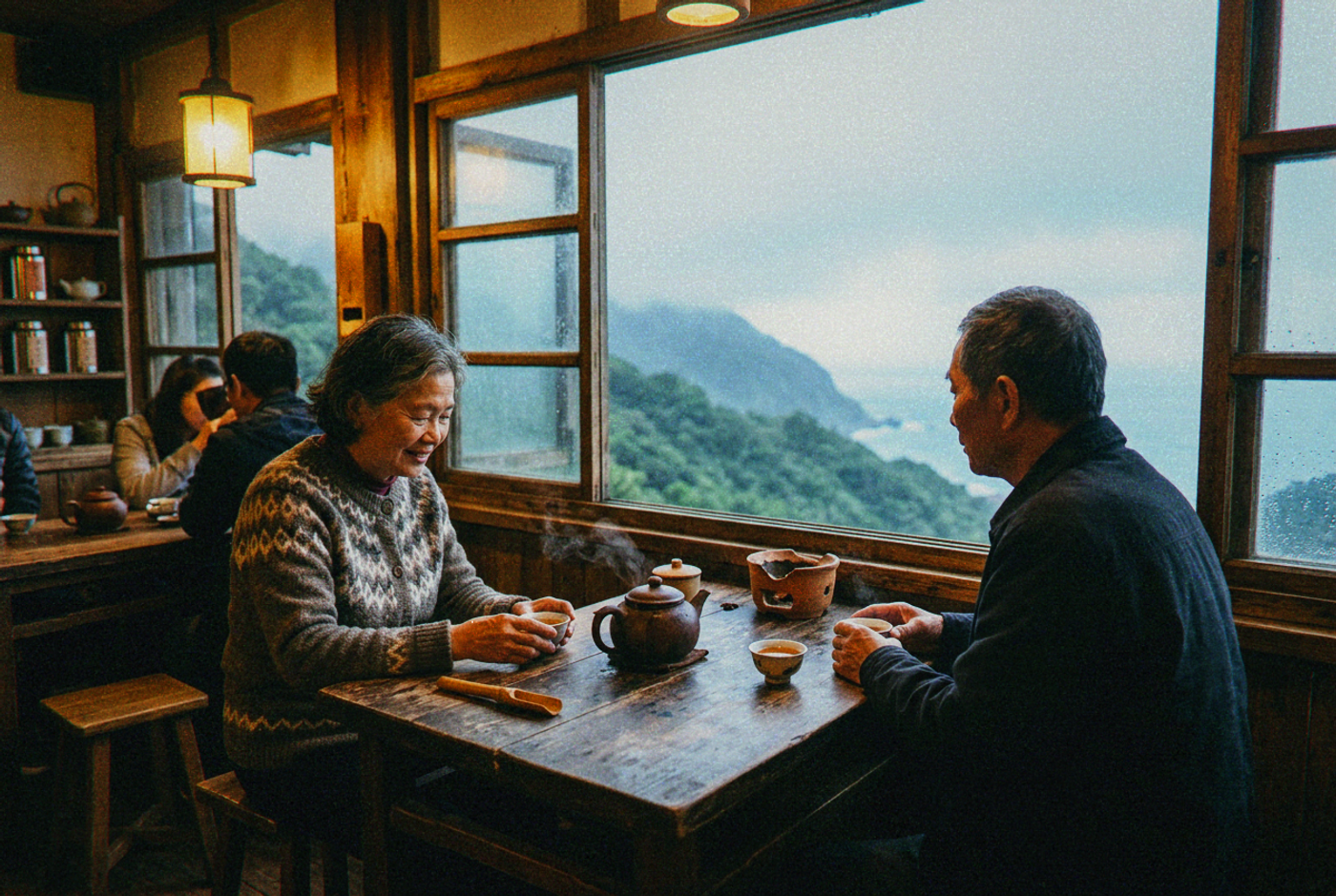 Interior of a traditional wooden teahouse with a clay teapot and cups by a window overlooking misty mountains