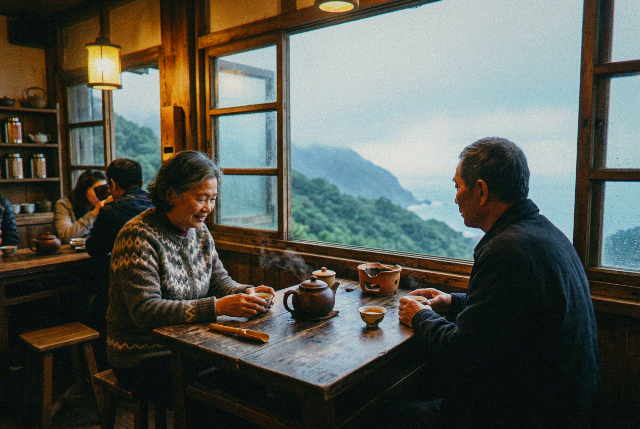 Interior of a traditional wooden teahouse with a clay teapot and cups by a window overlooking misty mountains