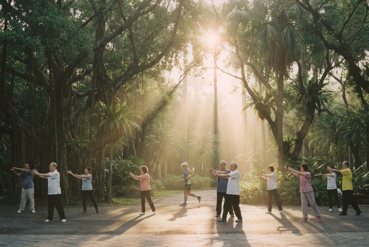 Early morning in Da'an Forest Park Taipei with people doing tai chi