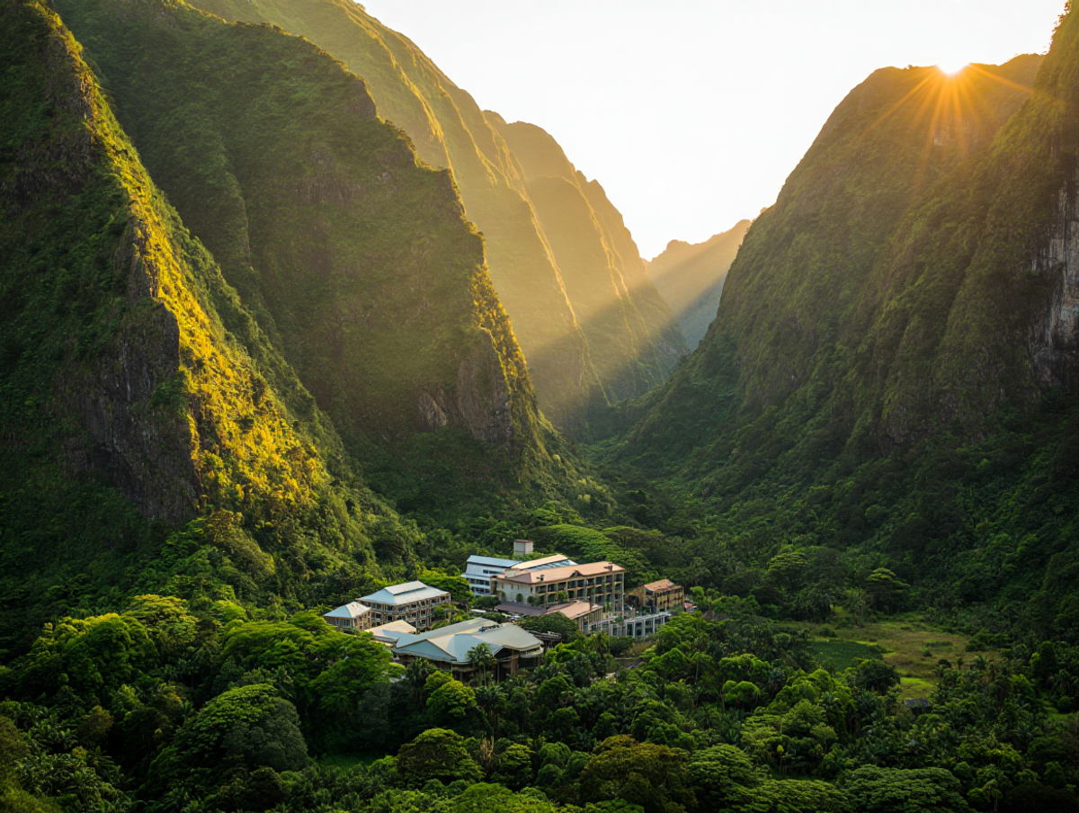Crystal clear natural hot spring pool in a mountain valley on Taiwan's east coast, with Pacific mountains in the distance