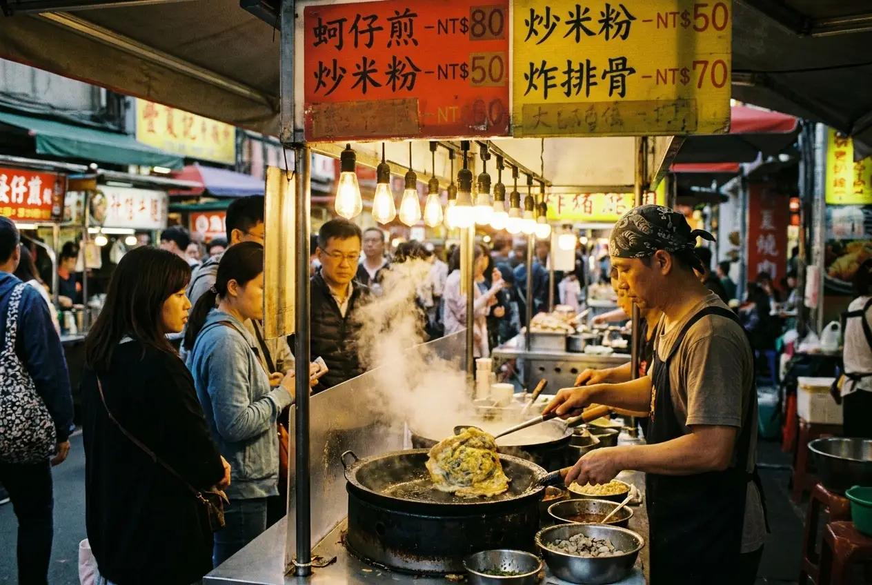 Busy night market food stall with steam rising and queue of customers
