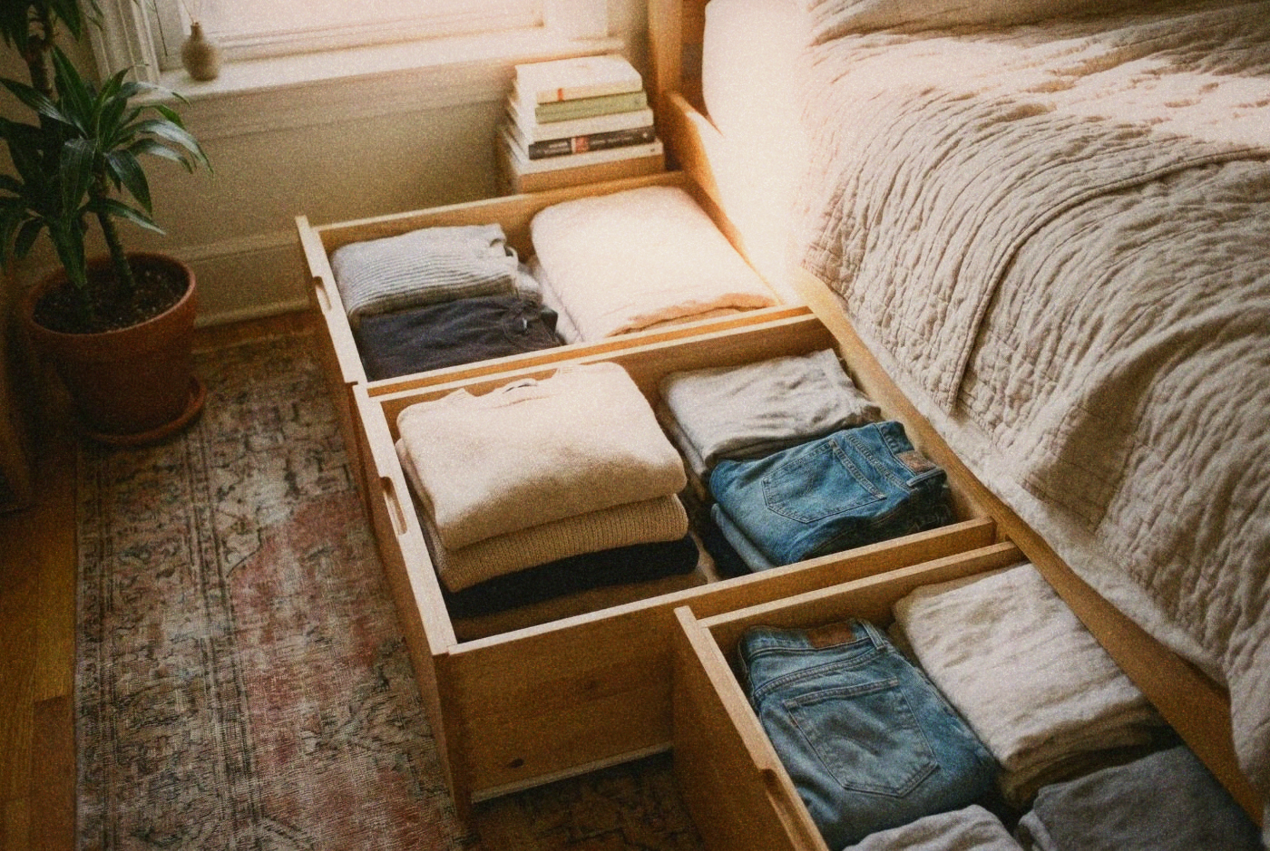 Under-bed storage drawers pulled open in a small bedroom