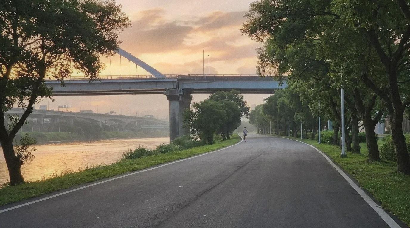 A runner on a wide riverside path in early morning light, Taipei bridges in the background