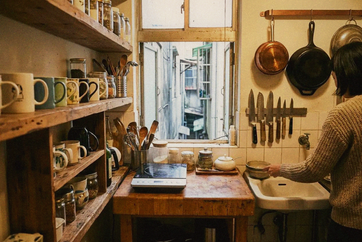 Compact Taipei apartment kitchen with vertical storage and hanging cookware