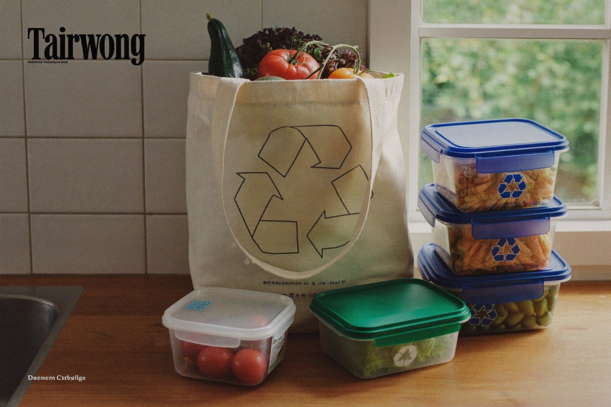 Cardboard recycling symbol next to reusable food storage containers