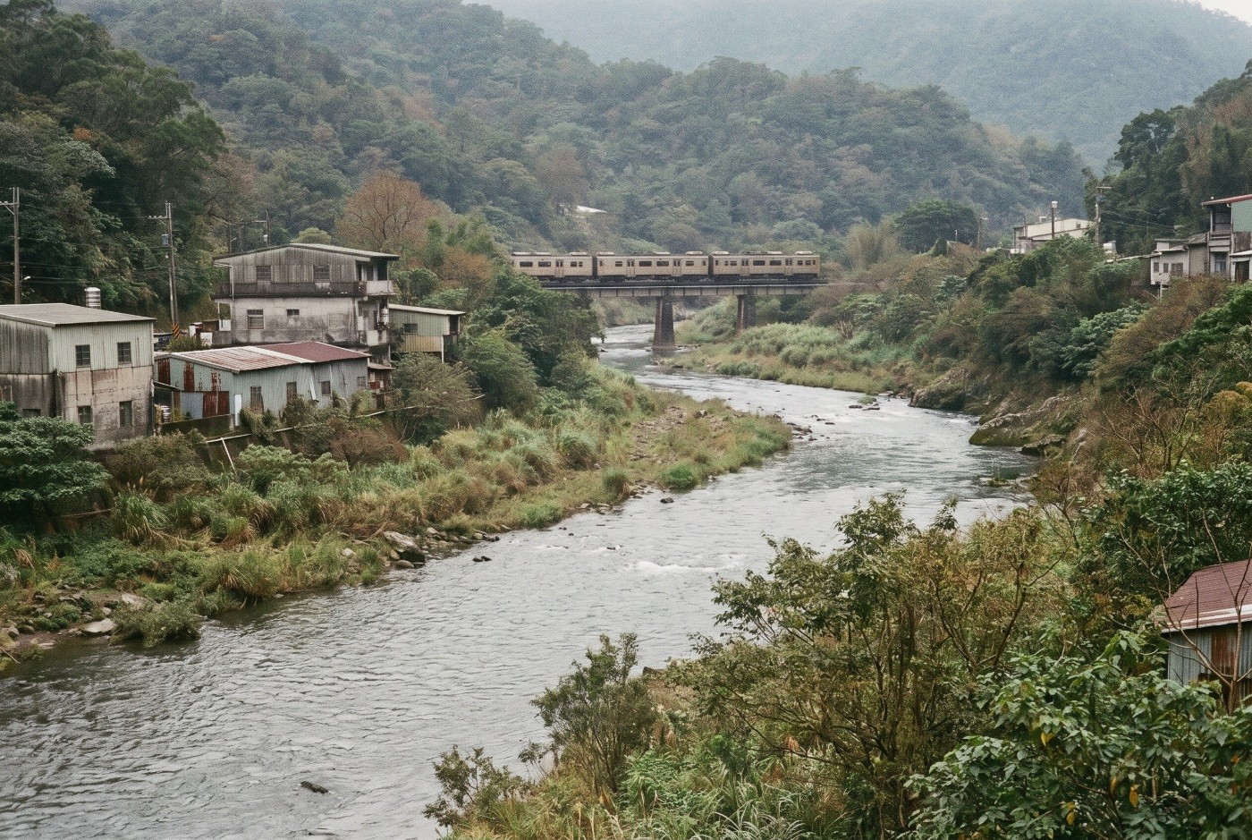 Illustration: A railway bridge above a mountain river.