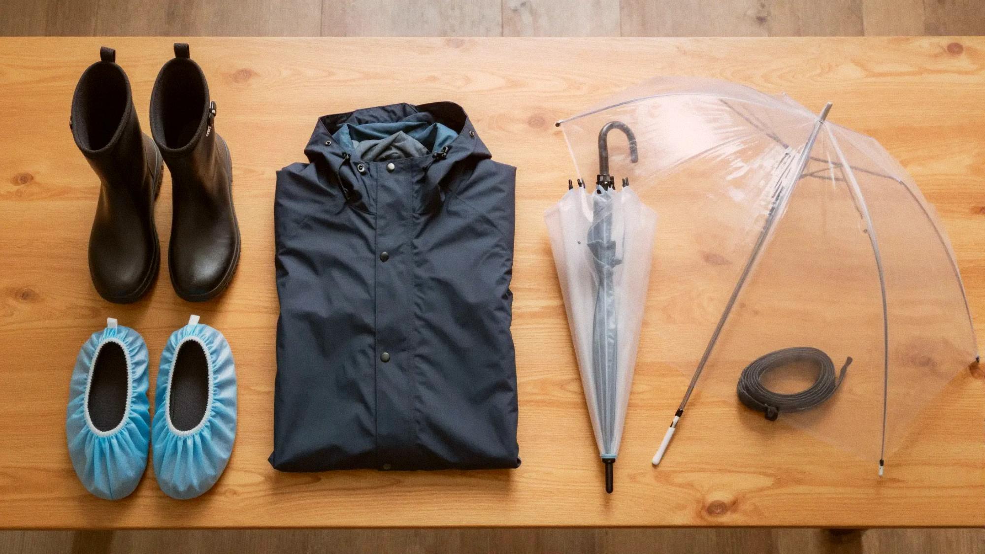 Flat lay of typhoon season rain gear on a wooden table