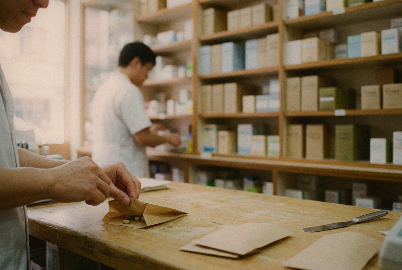 A pharmacist folding a small paper bag of medicine on a wooden counter, shelves of boxes behind