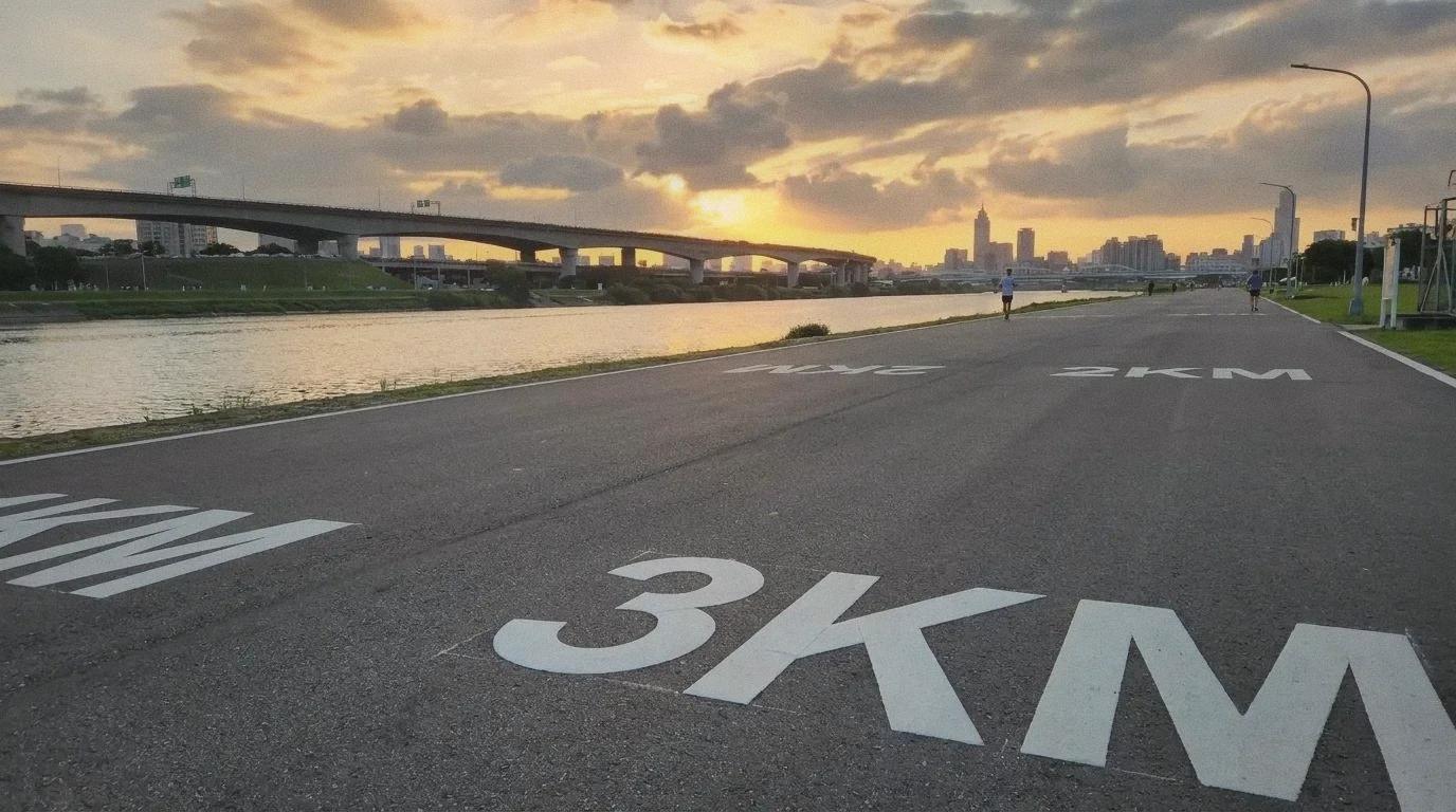 A wide riverside running path with distance markers painted on the ground