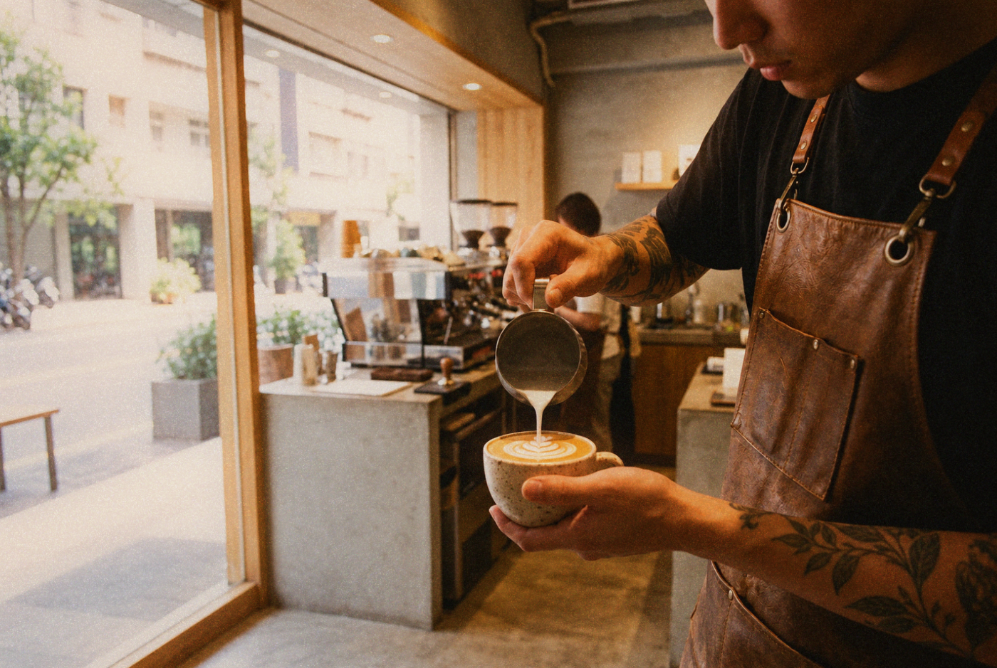 Barista pouring milk into a ceramic coffee cup