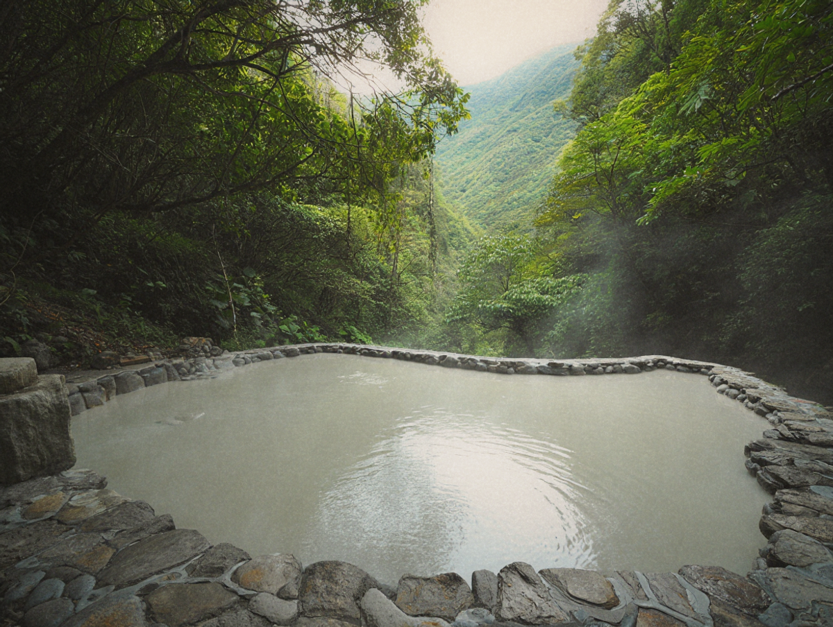 Therapeutic mud hot spring pool with steam rising against a mountainous forest backdrop in Guanziling, Tainan, Taiwan