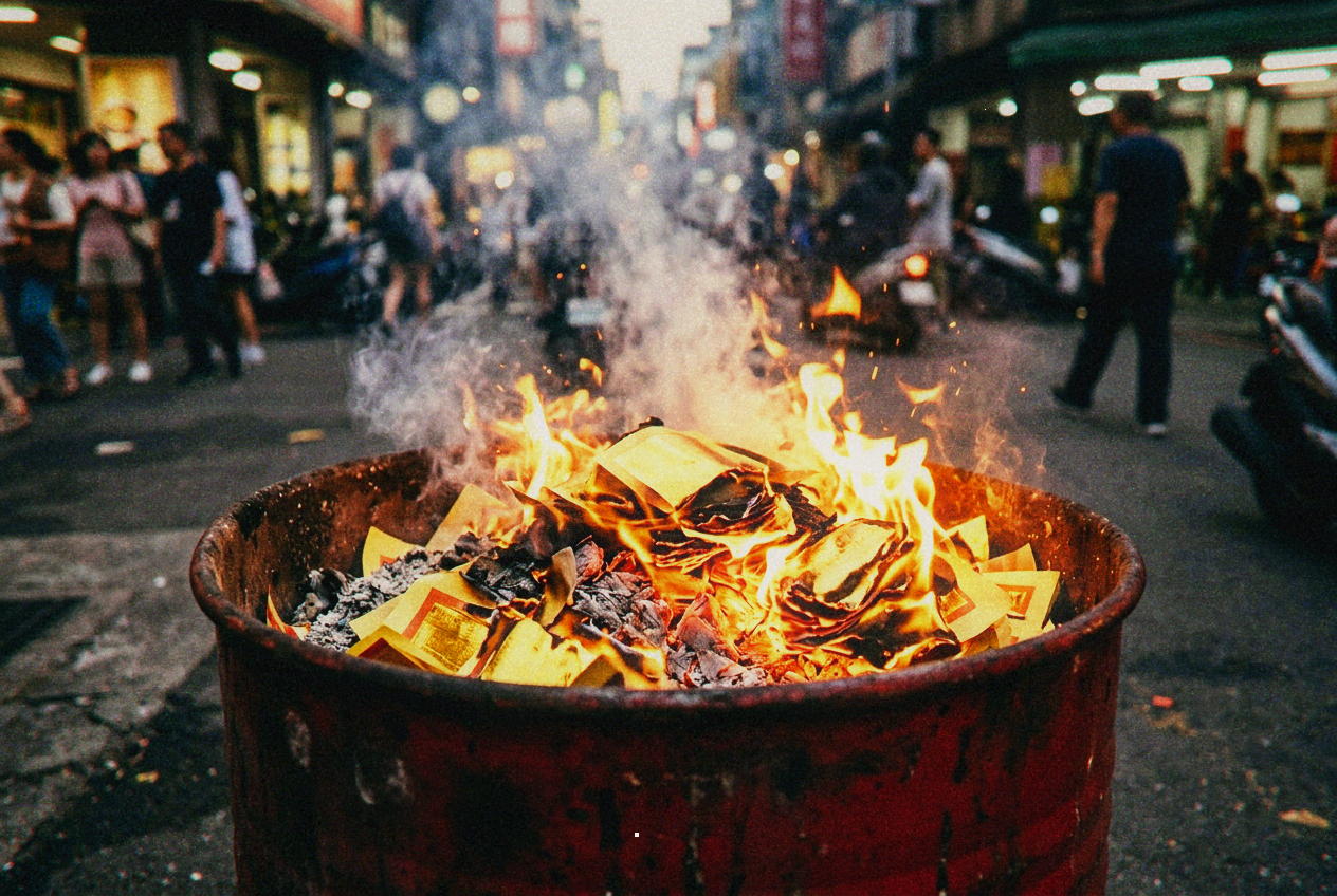 Golden paper offerings burning in a red metal ritual bin on a Taiwan street at dusk