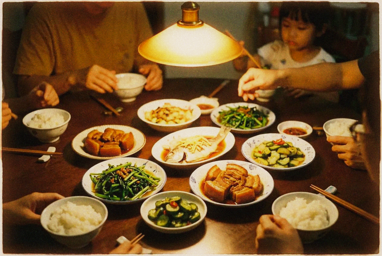 Taiwanese home dining table set with multiple small dishes