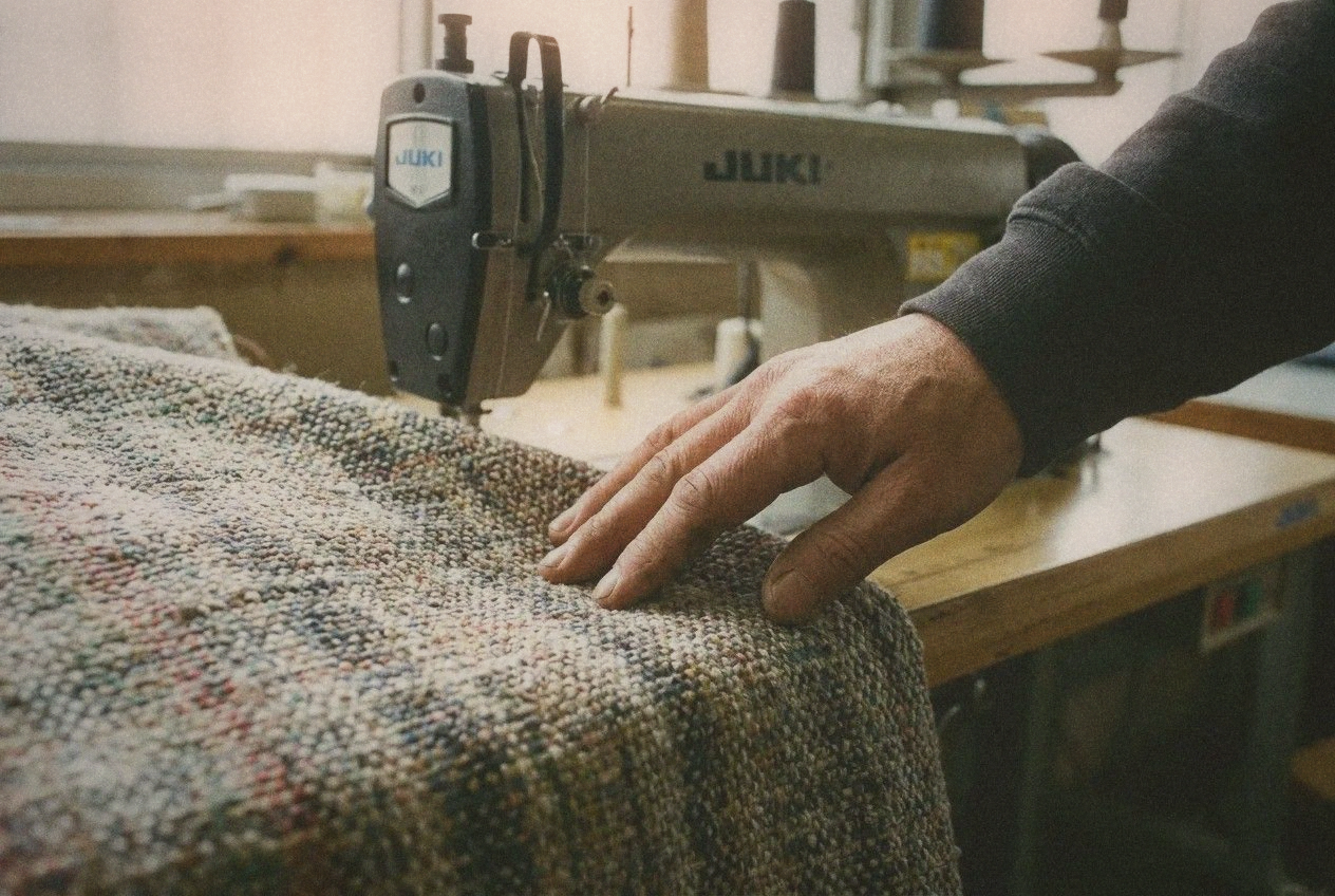 Close-up of recycled fabric textile with visible weave texture