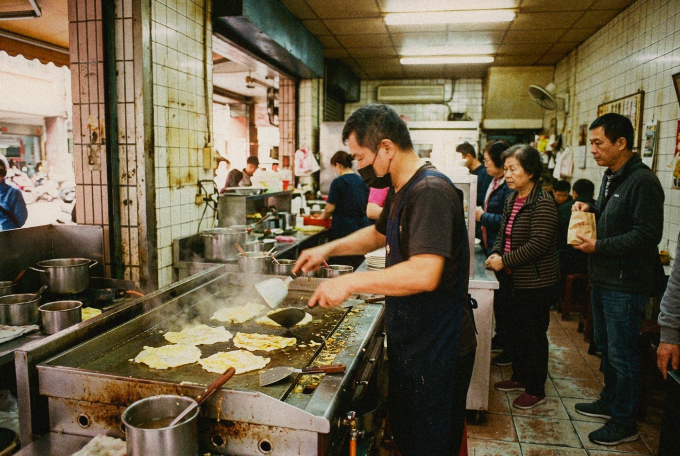 Inside a busy Taiwanese breakfast shop, a cook works a large griddle with egg crepes as customers wait in the morning light.
