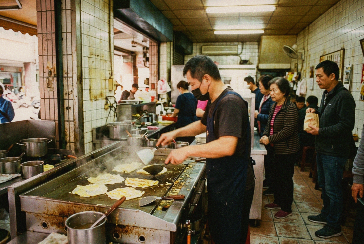 Inside a busy Taiwanese breakfast shop, a cook works a large griddle with egg crepes as customers wait in the morning light.