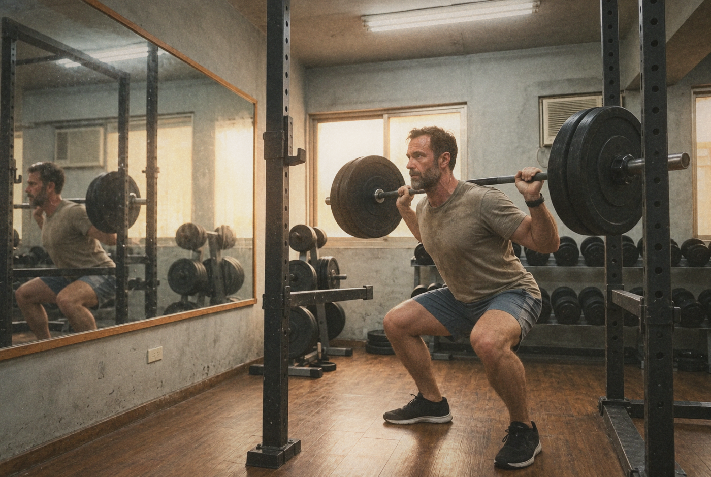 A lifter practices a barbell squat in a gym.