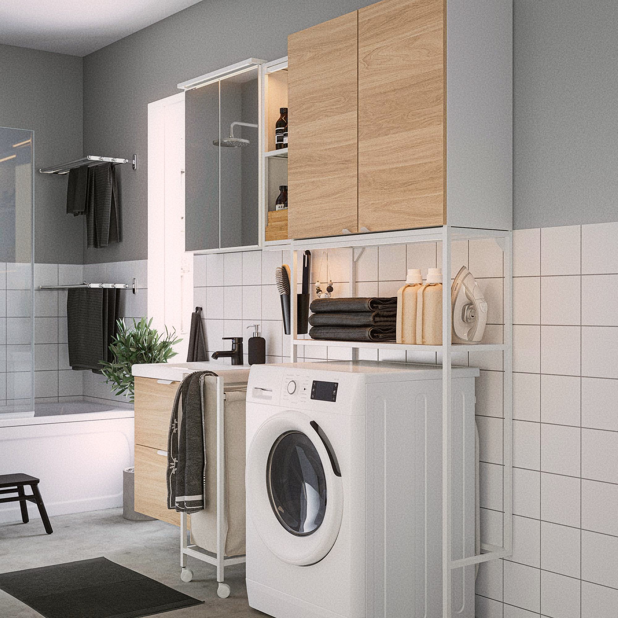 A clean, organized small bathroom showing proper ventilation with the door left open, clear containers on mounted shelves