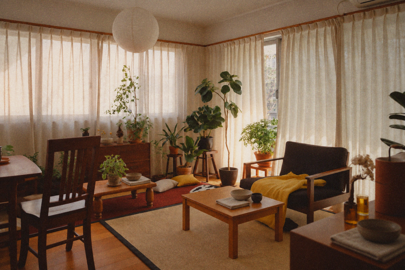 Cozy living room with wooden table, hanging art, and indoor plants by a window