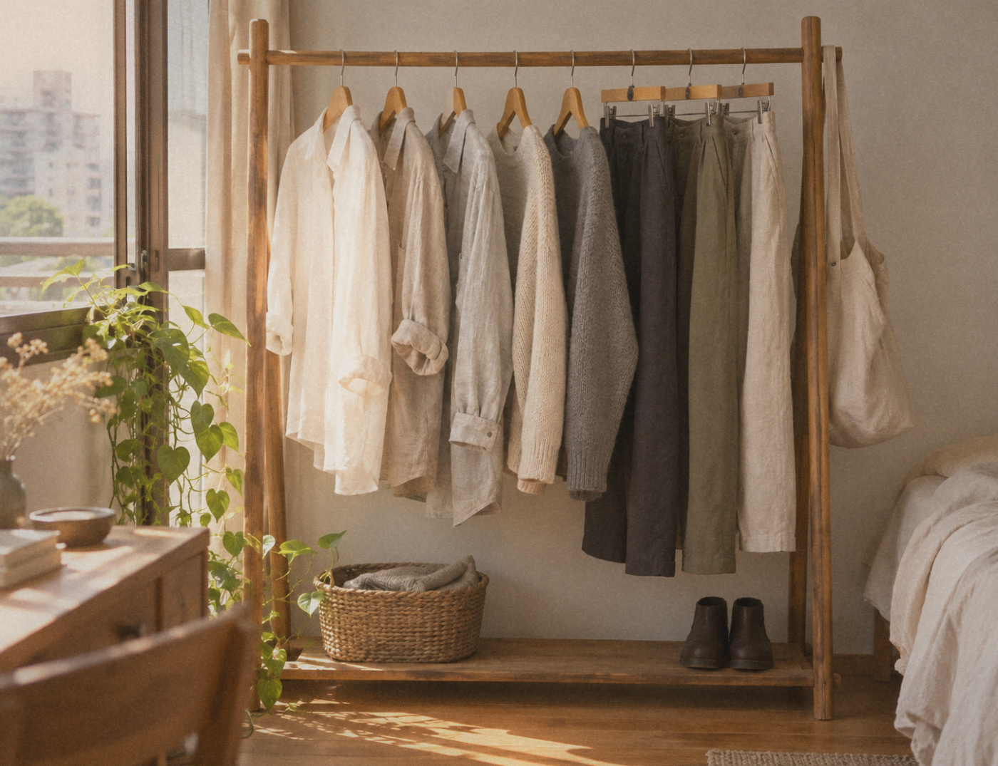 Neutral linen shirts, knitwear and trousers on a wooden clothing rail beside a sunlit window