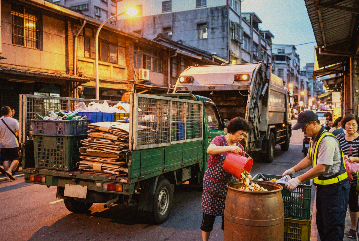 A recycling truck at night with open crates for glass, plastic, paper and cardboard, a resident tipping a small bucket of food scraps into a barrel, a sanitation worker helping sort