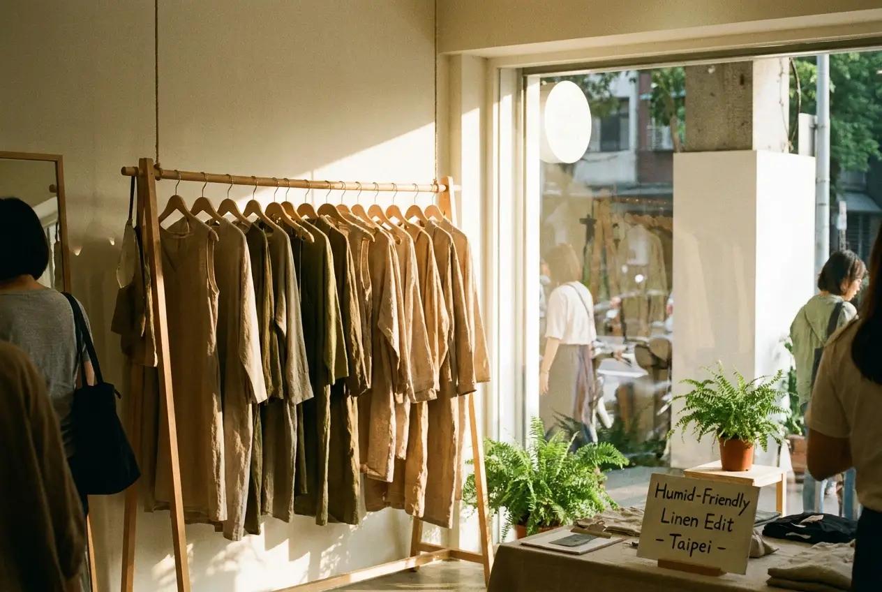 Rail of olive and sand linen garments in a sunlit Taipei shop, shoppers browsing by the window