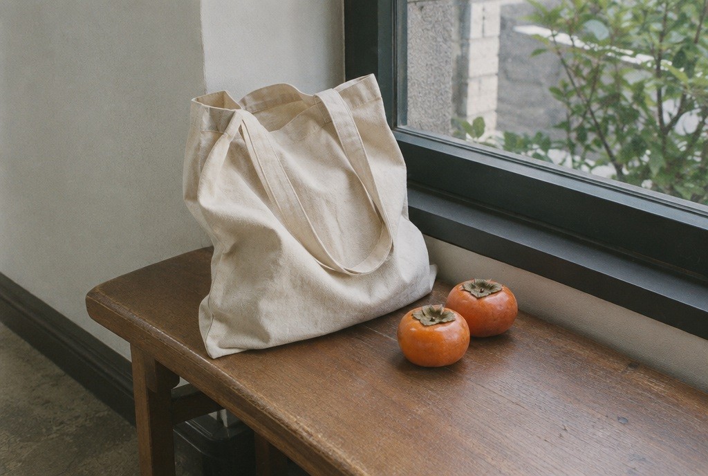 Illustration: A market bag and fruit beside a window.