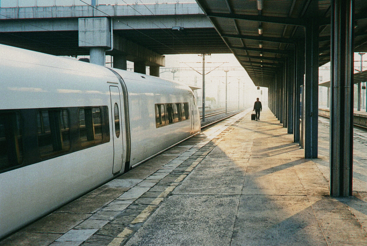A sleek white high-speed train at an empty station platform in early morning light