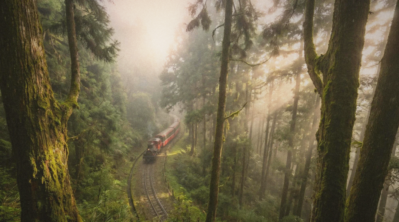The narrow-gauge Alishan Forest Railway train winding through misty mountain forest