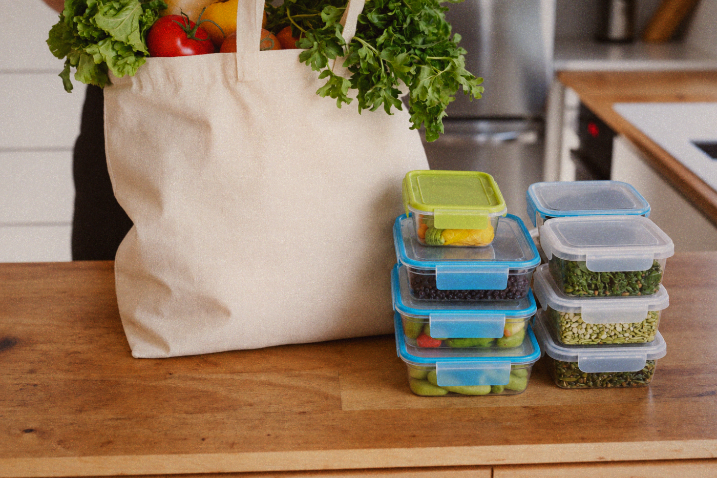 Colorful reusable containers and eco-friendly shopping bags arranged on a table