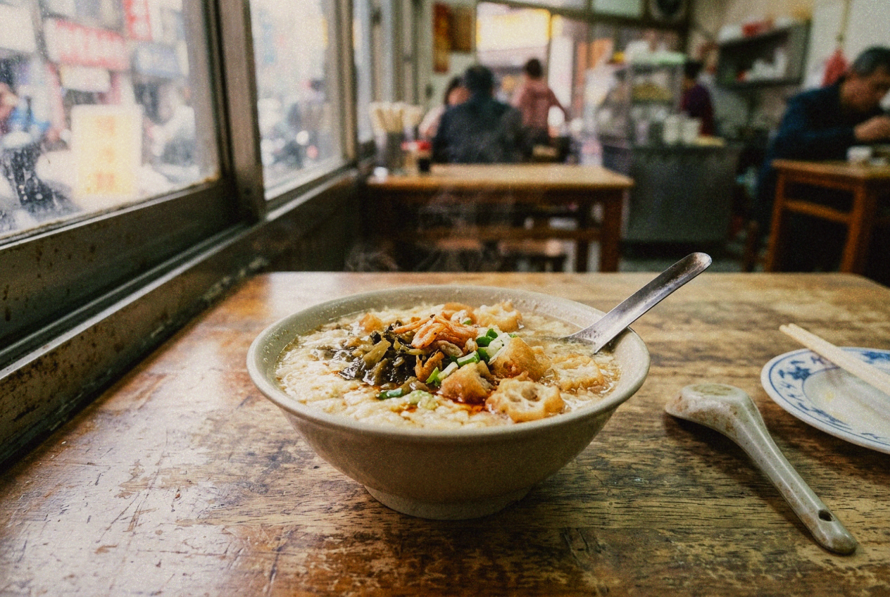 A ceramic bowl of Taiwanese savory soy milk with fried cruller pieces, dried shrimp and scallions, a spoon resting inside.