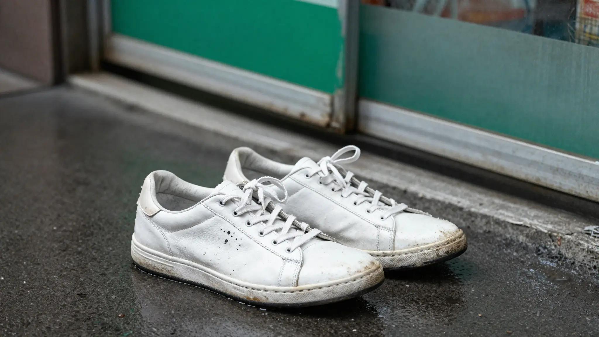 A pair of ruined wet white sneakers on a rainy Taipei sidewalk near a FamilyMart awning