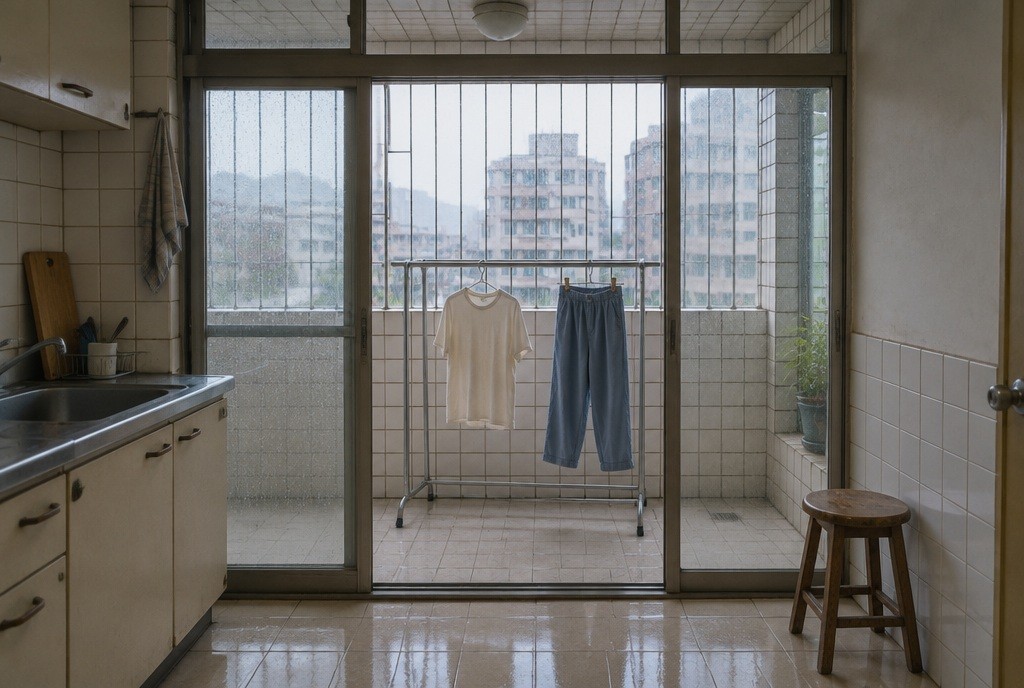 Illustration: Laundry drying on a sheltered apartment balcony