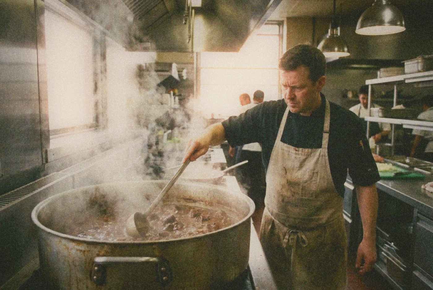 Cook stirring a massive pot of dark braised beef broth in a commercial kitchen
