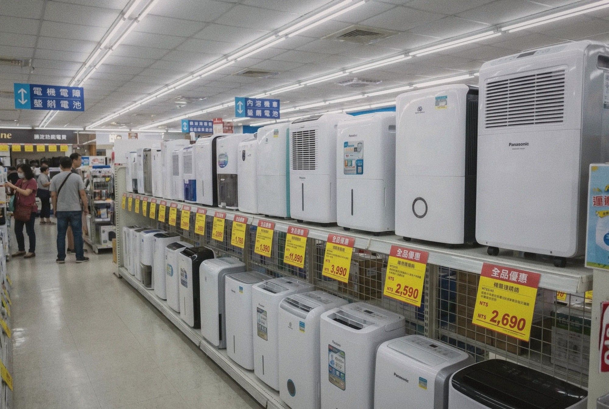 Row of different sized dehumidifiers lined up in a Taiwan electronics store