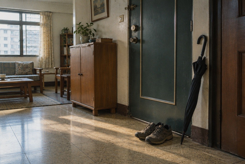 Illustration: Walking shoes and an umbrella by the door.