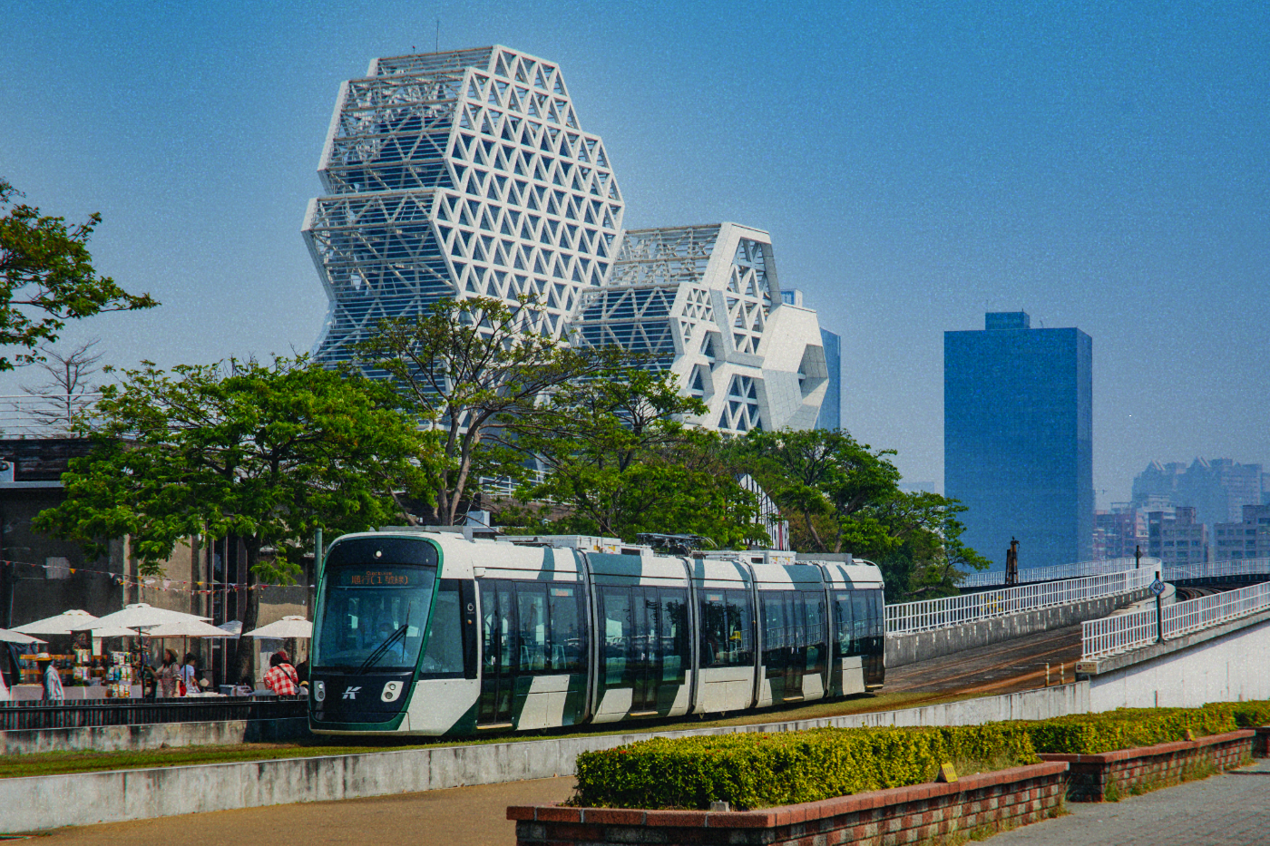 Kaohsiung light rail beside the Music Center, photographed in March 2024.