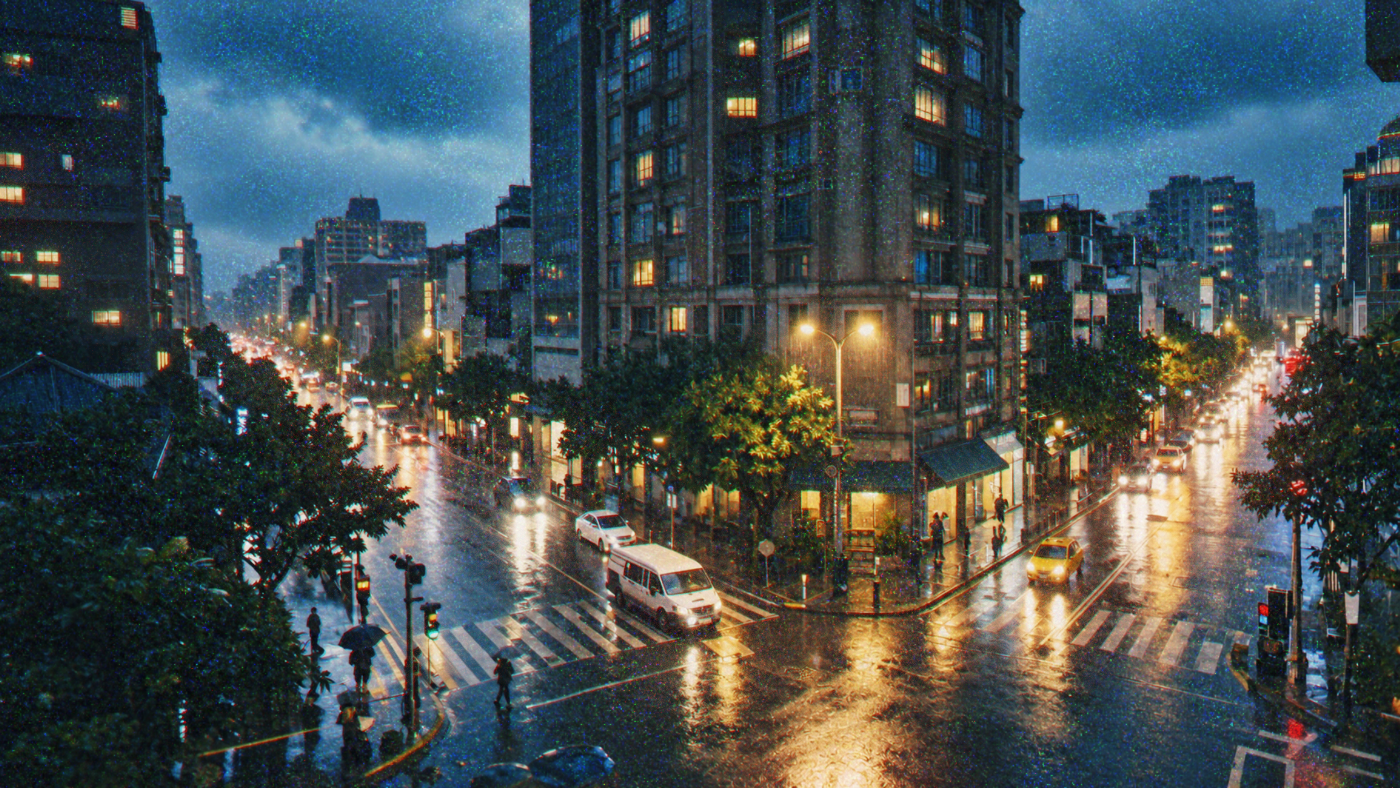 Elevated view of a rain-soaked city intersection at night, wet asphalt reflecting traffic lights