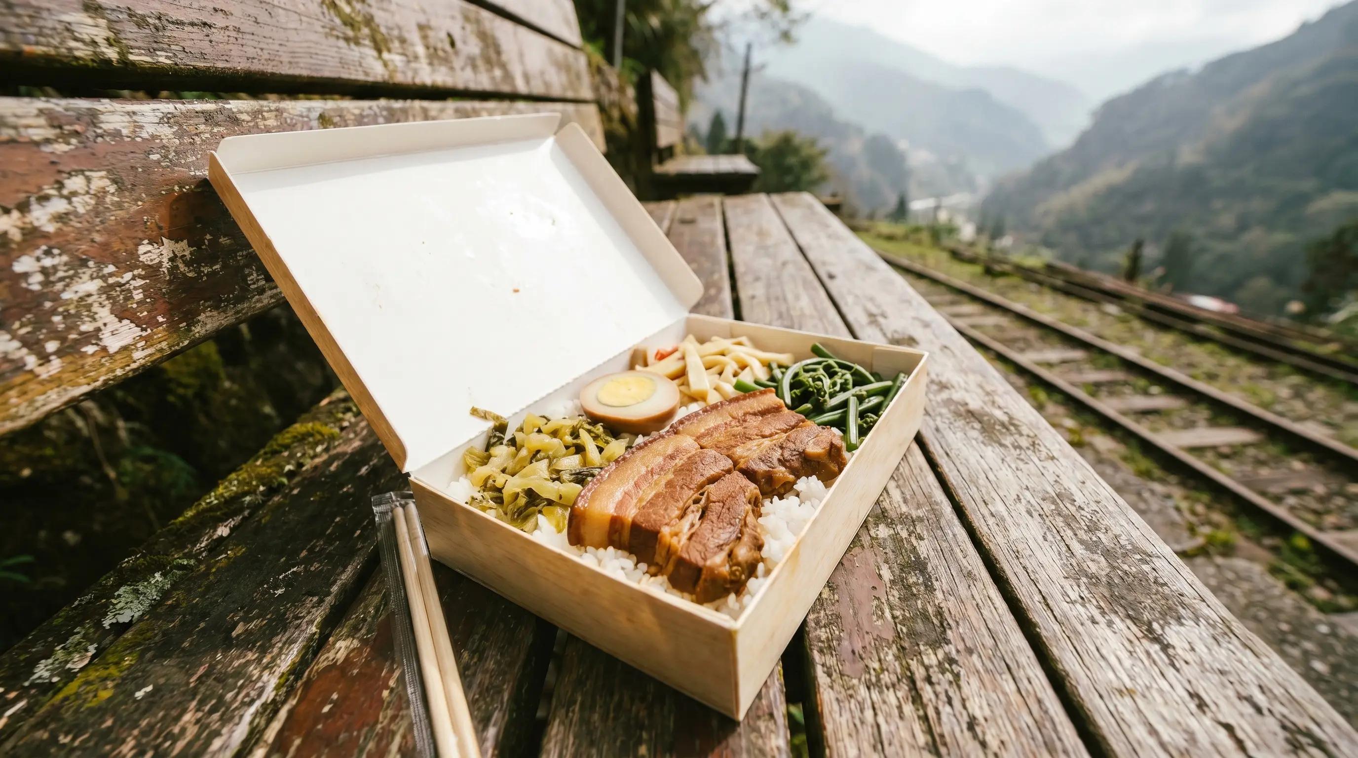 Traditional Fenqihu railway bento box on a wooden bench overlooking misty valley