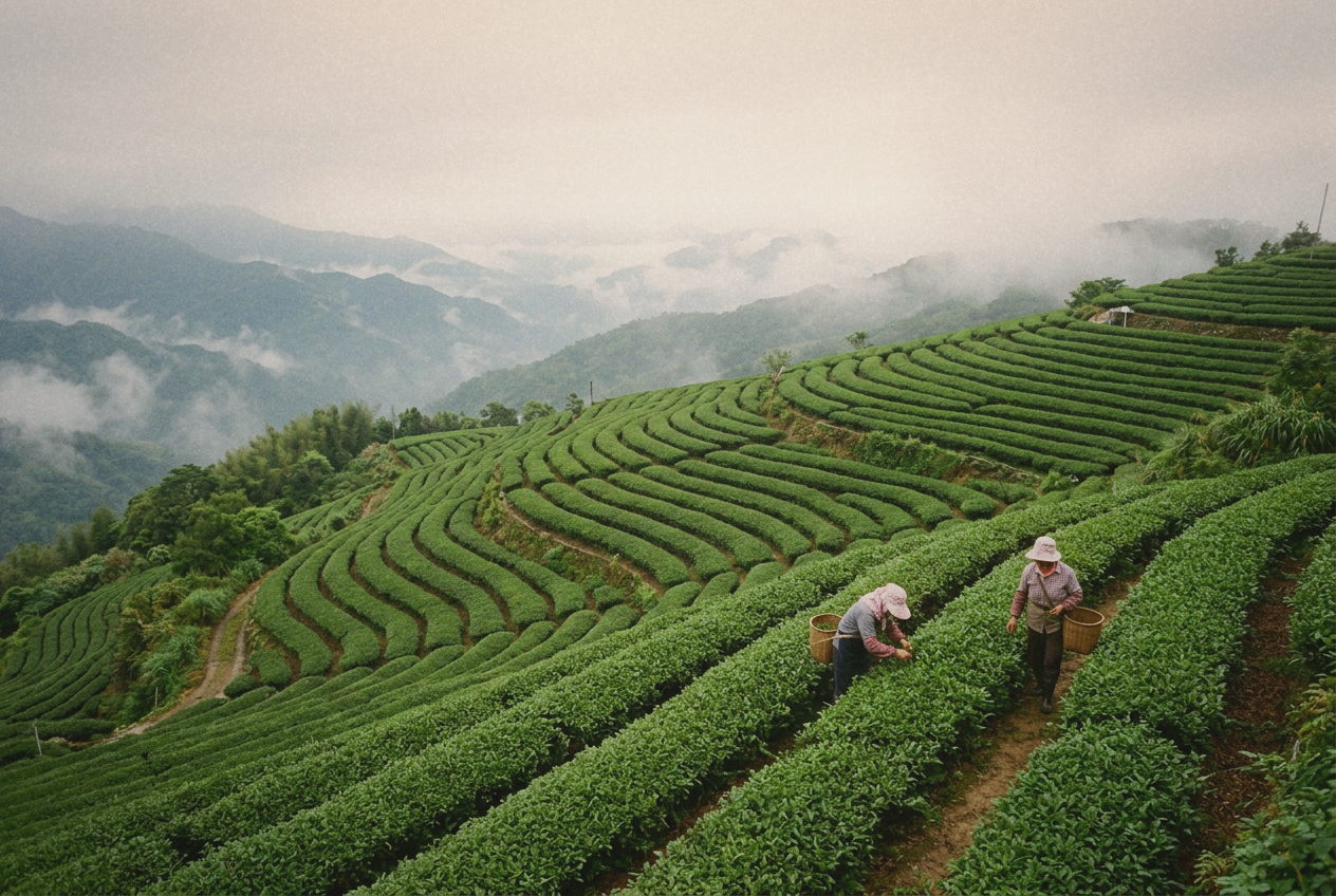 Curved rows of bright green high mountain tea terraces on a misty Taiwanese mountainside